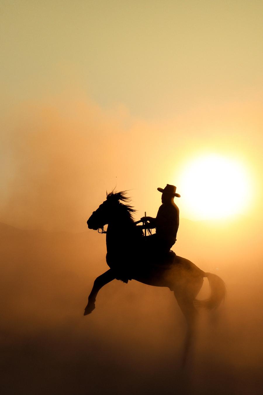 Silhouette of a cowboy leaning against a fence post at dusk