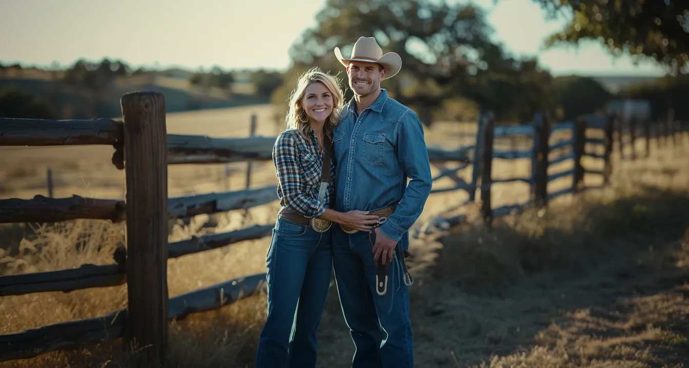 Cowboy and cowgirl couple standing together by a wooden ranch fence at sunset